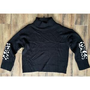 Esqualo Cropped Black Turtleneck Sweater Graphic Sleeve Chunky Knit M NWT